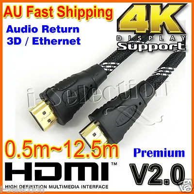 $17.99 • Buy Premium HDMI Cable V2.0 Gold Plated 3D ARC 4K UHD HEC 0.5m 1m 2m 3m 4m 5m ~12.5m