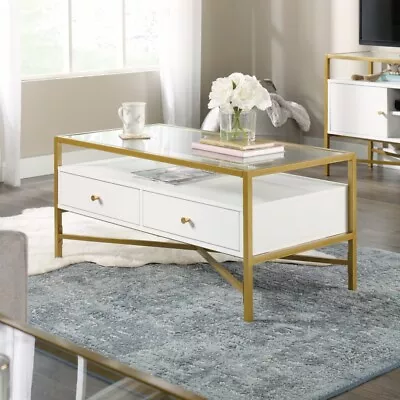 Glass Top Gold Metal Rectangular Center Coffee Table With Storage White Finish • $152.78