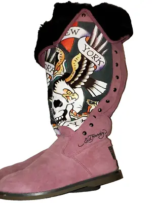 Don Ed Hardy Boots New York 8 Pink Suade Studded Fur Boots Skull Eagle Hearts • $64.43