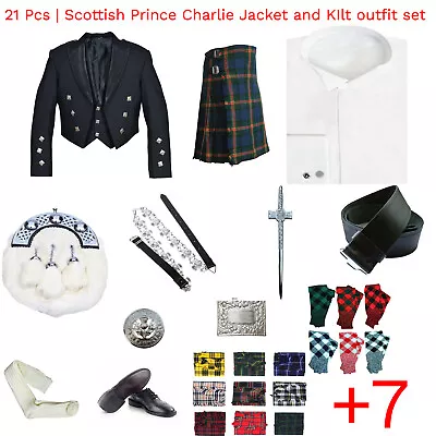 21 PCS | Scottish Prince Charlie Jacket Vest & Kilt Outfit Set • $350