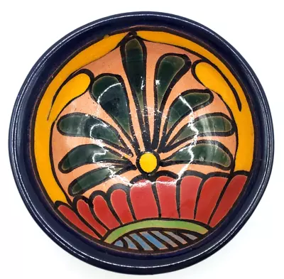 Vintage Mexican Clay Bowl With Painted Flora Three Footed Talavera Blue Red • $19.97