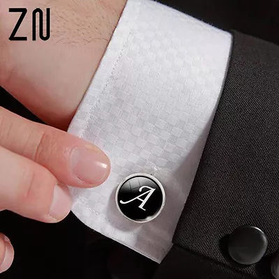 Men Cufflinks Alphabet Single Letter Black Bottom Silver Plated • $1.89