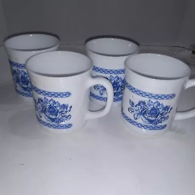 Country French Blue And White Milk Glass Coffee Mugs Set Of (4)- Arcopal France • $16