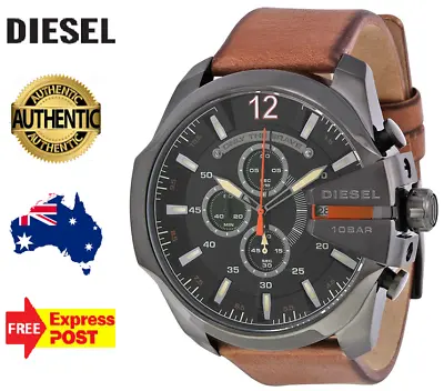 New Diesel Mega Chief Dz4343 Grey/black/brown Leather Chronograph Mens Watch • $259.99