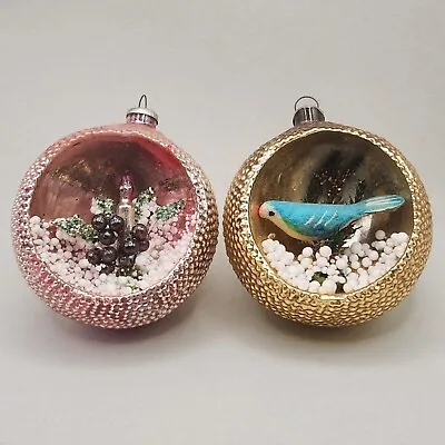 2 Shiny Brite Diorama Ornaments Vtg Pink & Gold Glass Bluebird Candle RARE Japan • $84.99