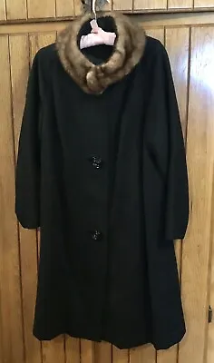 Vintage 40’s Black Wool Swing Coat Brown Tan Mink Real Fur Stand Collar Buttons • $65