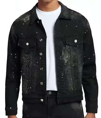 New Embellish Nyc Black Quaker Paint Splatter Denim Jean Jacket Size Medium • $29.99