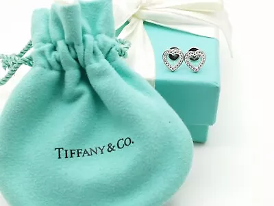 £899.64 • Buy Tiffany & Co. 18k White Gold Diamond Open Heart Stud Earrings W/ Box & Pouch