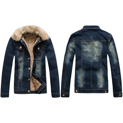 Mens Fleece Lined Denim Jacket Detachable Faux Fur Collar Tops Coat Outdoor • $110.36