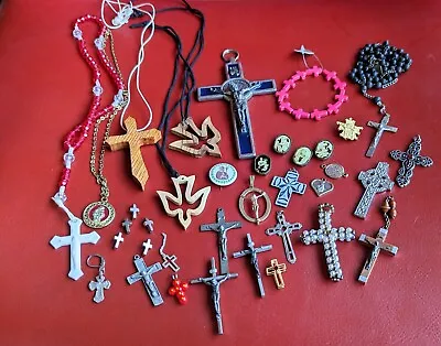 VTG Lot Parts Broken Rosary Saint Medal Bracelet Cross Crucifix Charms Beads Pin • $38