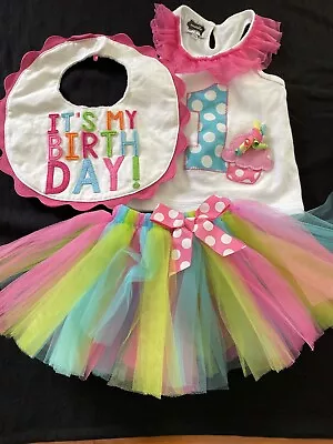 Mudpie EUC Pink/White/Multi 1st Birthday Top Tutu Skirt And Bib-9-12Mos • $20