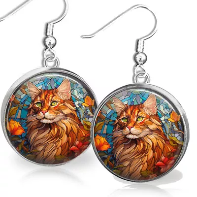 Faux Stained Glass  Orange Maine Coon Cat  Earrings Maine Coon Cat Mom Gift • $12.95