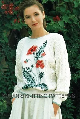 Lady's Poppy Sweater Knitting Pattern In DK. Jumper Pullover. Intarsia Knitting • £2.99