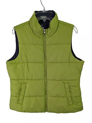 Made For Life Women Size L Green Navy Lining Sleeveless Puff Vest Zip Front • $16.97