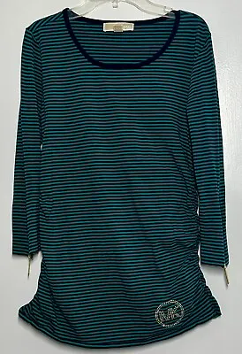 Michael Kors Top Striped 3/4 Sleeve Rhinestone MK Logo Ruching Zipper Women’s S • $6