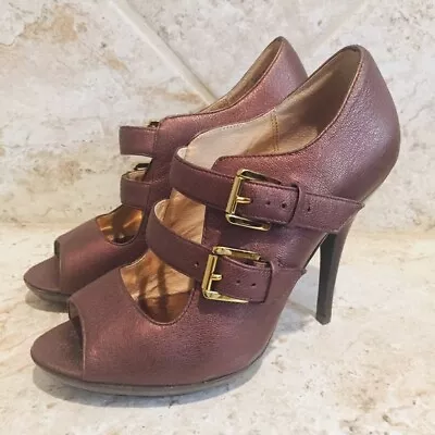 Michael Kors Womens EUC Leather Mary Jane Peep Toe Heels 7M Buckle Bronze $175 • $99.95