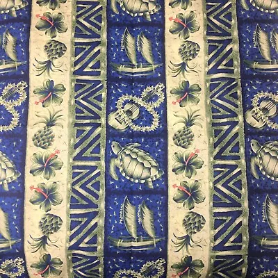 Canoe Turtle Honu Ukulele Lei Hawaiian Mask Scrub Quilt Blue Fabric Cotton 53x44 • $4.99