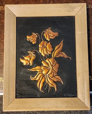 Vintage Copper Plaque Embossed Punched Flowers Frame Wall Decor Art Metal Signed • $18