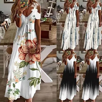 $6.49 • Buy Womens Summer Print Long Dress Ladies Boho Beach Holiday Maxi Cami Sundress US