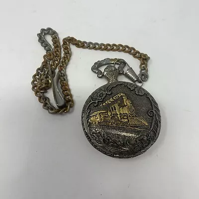 Milan Quartz Locomotive Train Pocket Watch Silver Tone With Gold Accents • $9.75