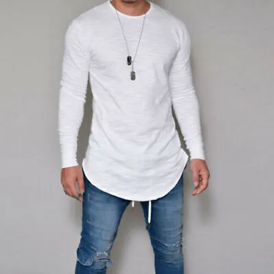 Mens Plain Long Sleeve Shirts T-shirt Tee Casual Slim Blouse Pullover Tunic Tops • £10.55