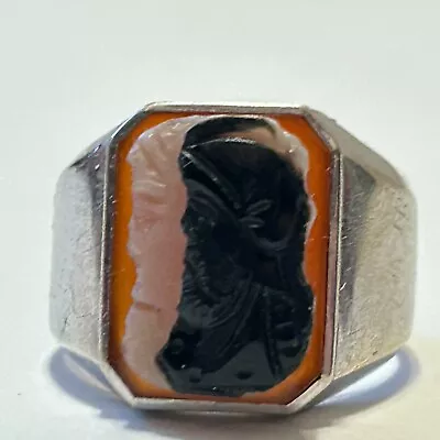 Vtg Tested Solid 14k Mens Sz 8.5 White Gold Double Cameo Roman Soldiers Ring • $350