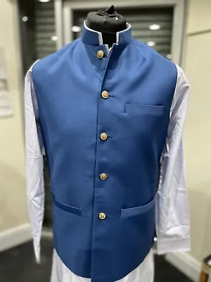 Mens Eid Party Wedding Waistcoat Nehru Jacket Plain Suiting Fabric Black/Blue • £24.99