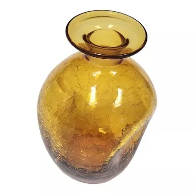 Vintage Amber Crackle Glass Pinched 8  Bud Vase Hand Blown  Mid-Century Modern  • $31.83