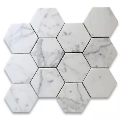 L34XP Statuary White Statuario Marble 4 Inch Hexagon Mosaic Tile Polished • $38.99