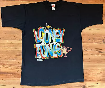 Vintage Looney Tunes T Shirt Sz XL Black Spell Out Warner Bros 1997 • £24.99