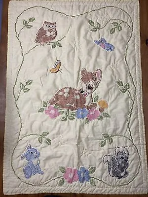 VTG Disney Baby Blanket Bambi Cross Stitch Thumper Flower Owl Handmade Yellow • $24.99