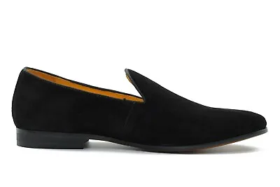 Men’s Black Velvet Slippers Real Leather Classic Plain Slip On Tuxedo Loafers • £79.99