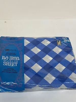 Vintage Sealed Blue White Gingham No-Iron Muslin TWIN Flat Sheet NEW • $16.44