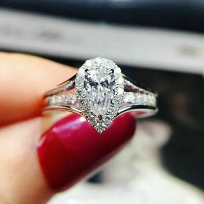 2Ct Pear Cut Lab Created Diamond Halo Engagement Ring 14K White Gold Finish • £129.99