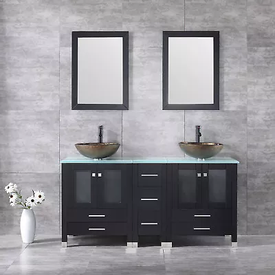 Bathroom Double Vanity 60  Wood Cabinet Glass Vessel Sink W/Faucet Drain &Mirror • $800