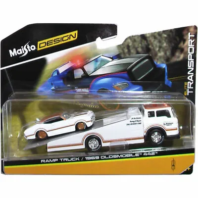 MAISTO ELITE TRANSPORT RAMP TRUCK With 1969 OLDSMOBILE 442 1/64 WHITE 15055-18b • $8.75