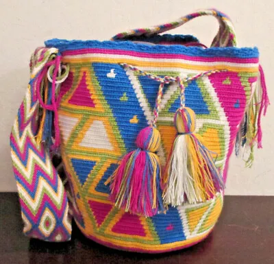Bag Wayuu Mochila Bucket Boho Colombia Rioacha White Yellow Pink Blue Green #62 • $48