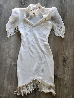 Vintage Joy USA White Ribbed Dress With Fringe & Embellishments Size Small • $60