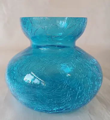 A Squat Victorian Electric Blue Crackle Glass Hyacinth Bulb Vase C1880 • £35