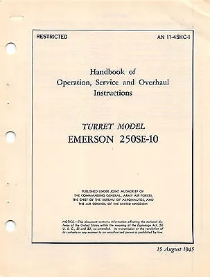 Emerson 250SE-10 Nose Ball Turret Maint Inst's (B-24/PB4Y-2) Flight Manual  (CD) • $24.95