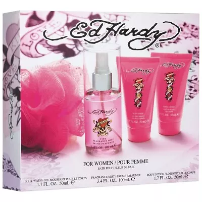 NIB Ed Hardy Love Kills Slowly-Gift Set Perfume Lotion Body Wash Pouf/Loofah • $23.74