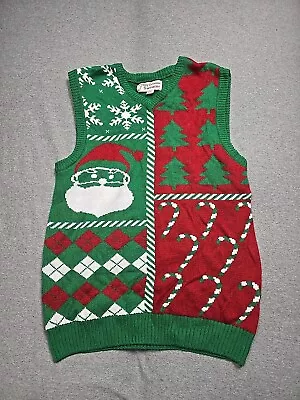 Ugly Christmas Sweater Vest Adult Medium Green V Neck Santa Candy Cane Trees • $15.96
