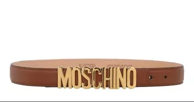 Moschino Womens 38 US Small Lettering Logo Belt Name Brown Gold Skinny • $129.99