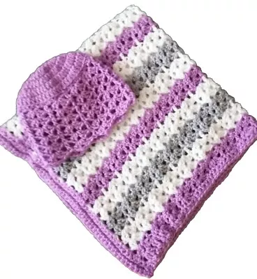 New Hand Crochet Baby Girl Multi Purpose Blanket. Lilac Grey&White+Hat L@@K!  • £19.95