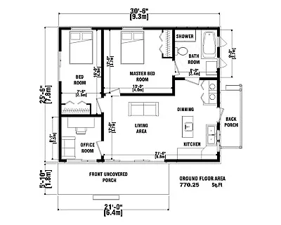 30' X 25' Modern House Plan 2 Bedroom 1 Bathroom With Free CAD File - 770 Sq.ft • $29.99