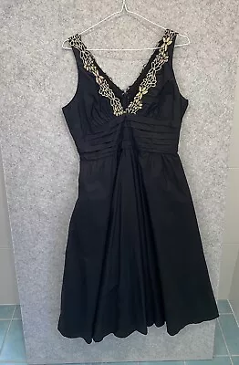 Vintage Review Womens Sz 10 Black Cotton Fit & Flare Dress Gold Embroidery 3545 • $13.99