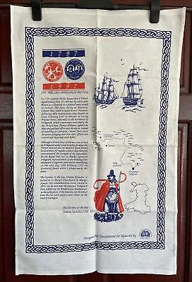 Vintage FISHGUARD Tea Towel Wales Welsh History Ships Invasion Map White Cotton • £4