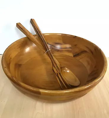 Wooden Salad Bowl And Servers Extra Large 37cm Hand Made Chestnut Wood BBQ Party • £35.95