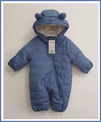 M & Co Baby Boys Blue Hooded Snowsuit Winter All In One Pramsuit 0-3 Months NEW • £13.99