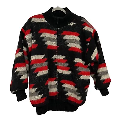 Vintage Floss New Wool Icelandic Full Zip Sweater Jacket Black Red Lined Size M • $47.93